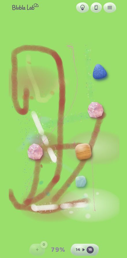 Blubla Lab gameplay — painting with blublas on a green canvas